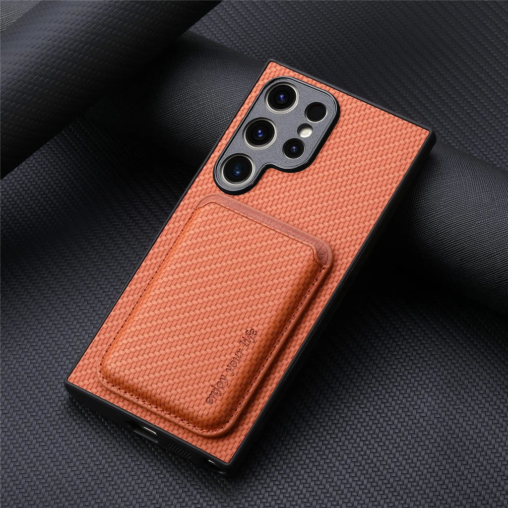Samsung phone case with two-in-one suction Magsafe card holder in leather finish, black colour, side view
