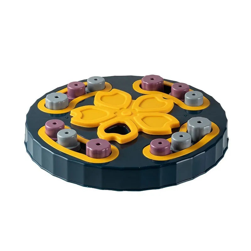 Blue interactive dog slow feeder puzzle toy with multiple food compartments on textured base