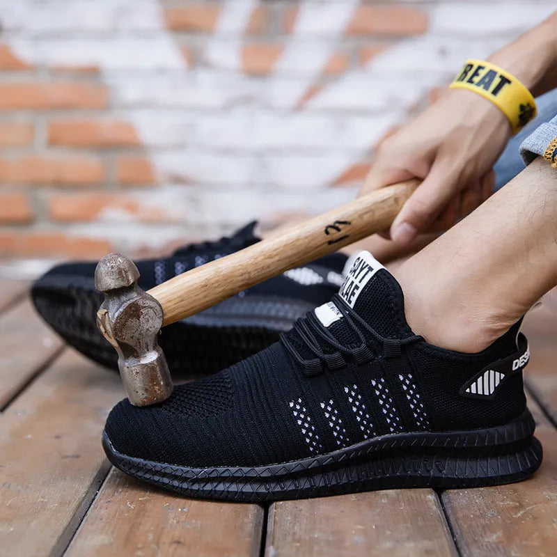 Men's steel toe work safety shoes breathable fly woven mesh low top black orange
