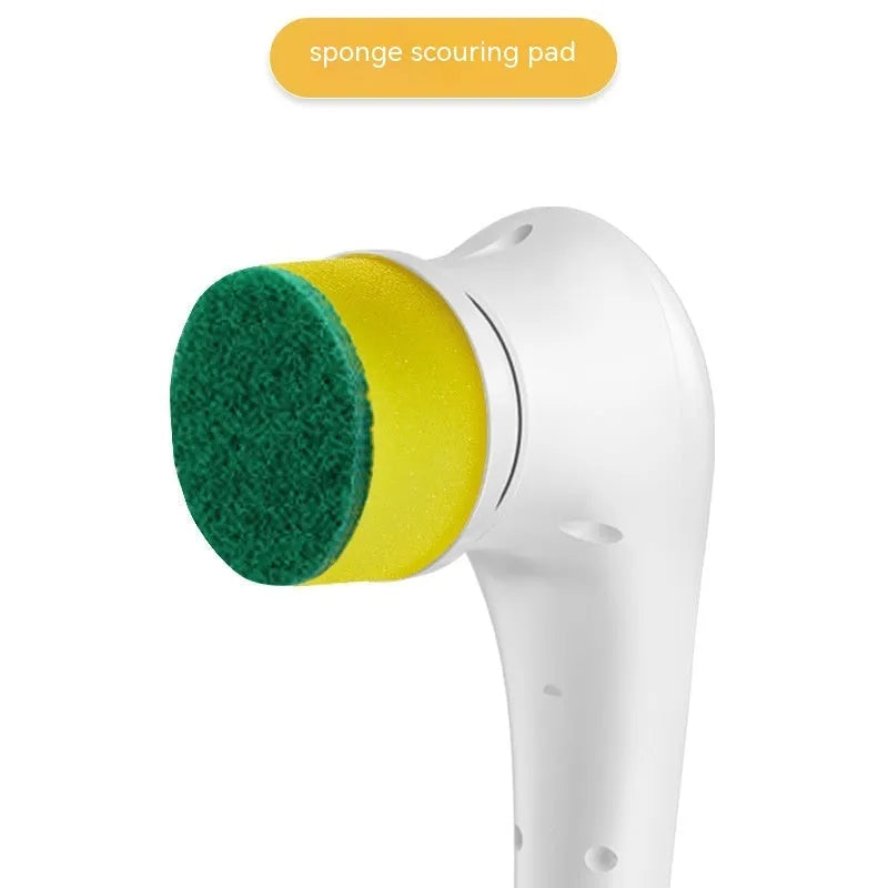 White USB electric handheld cleaning brush with five different brush heads for kitchen and bathroom surfaces.