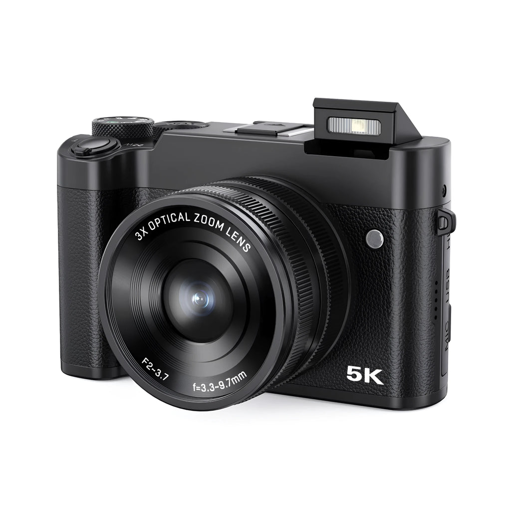 Selfie 5K HD digital optical zoom camera in black with lens and screen