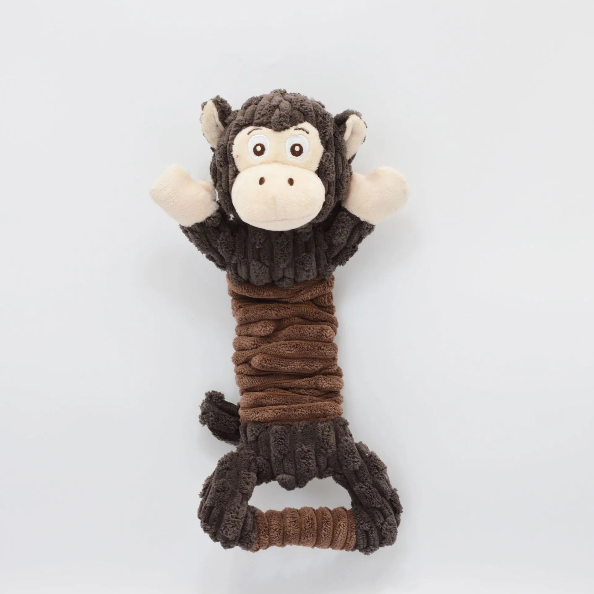 Large squeaky plush dog toy with handle and crinkle paper for interactive play