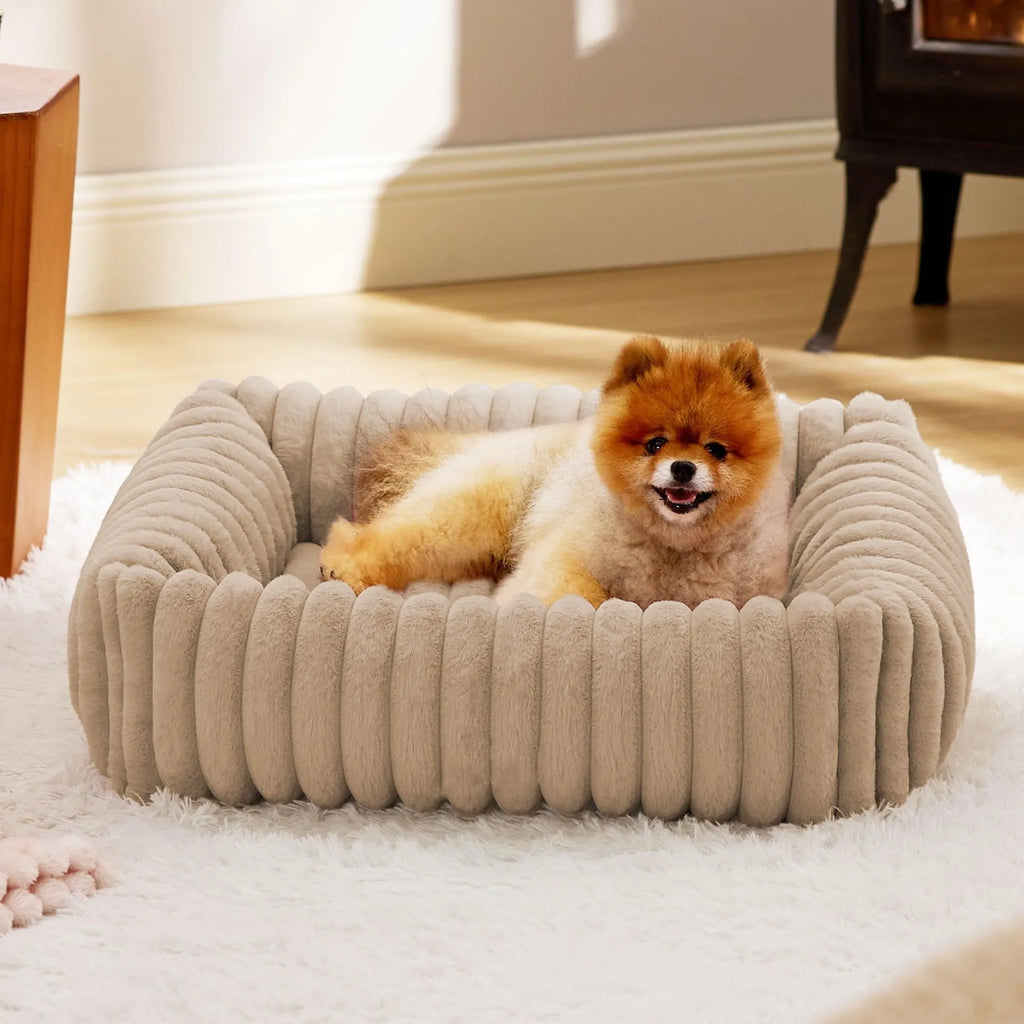 Rectangular orthopaedic dog bed with raised edges in beige colour showing high-density foam filling