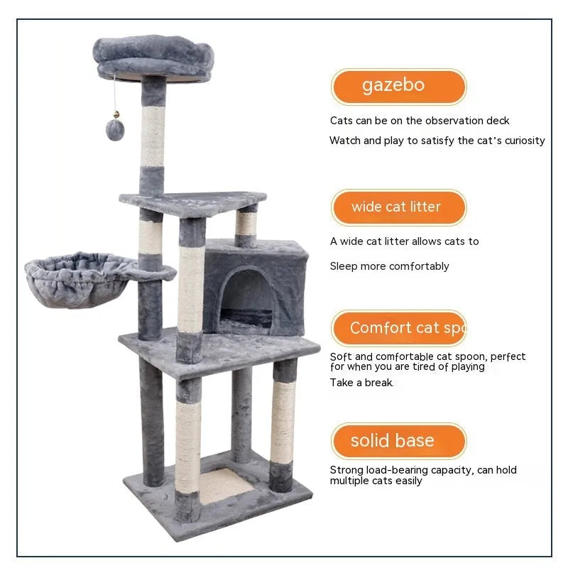 Multi-layer wooden cat climbing frame with chamfered edges, 47x37x133 cm, in beige plush finish