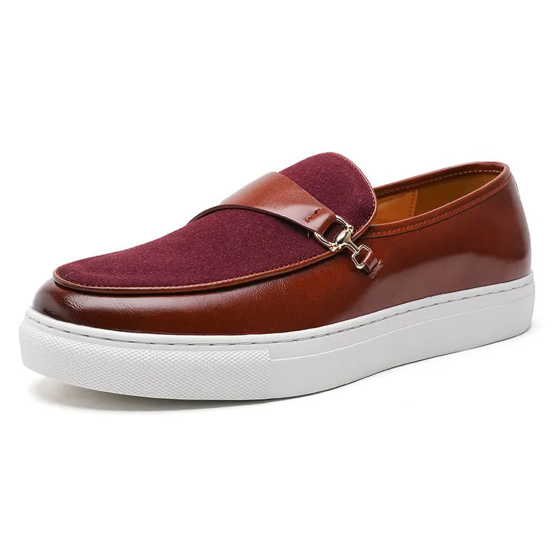 Men's black artificial leather slip-on shoes with a gold horsebit buckle and round toe on a rubber sole.