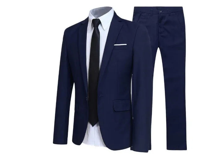 3-piece men's suit set with jacket, trousers, and white shirt in black, polyester fabric, back centre vent, front view
