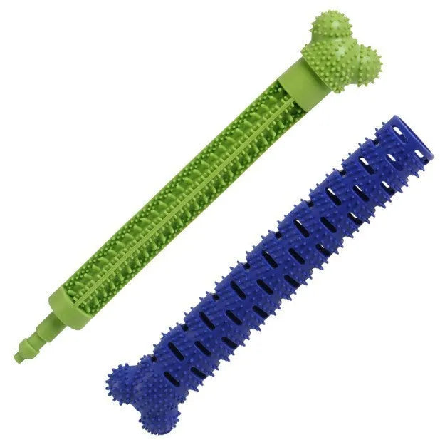 Blue and green silicone dog molar tooth cleaning toy with textured brush head and nodules, 25cm long.