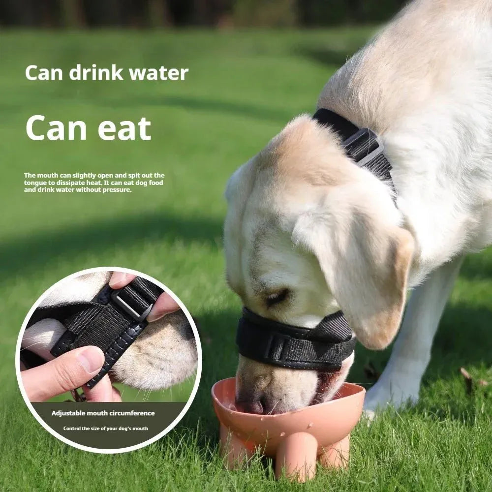 Adjustable soft foam dog muzzle with straps in black, side view, for anti-bite and anti-barking control in multiple sizes
