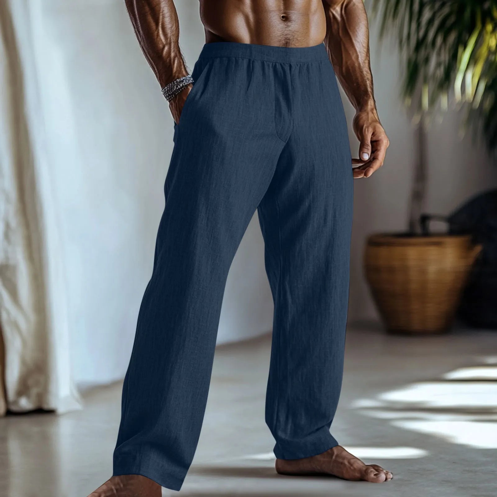 Cotton and linen straight-leg casual trousers in British style with straight leg openings