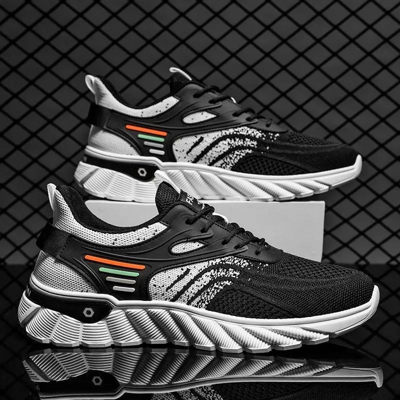 Men's white blue and black platform casual running shoes with mesh upper and cross shoulder straps.
