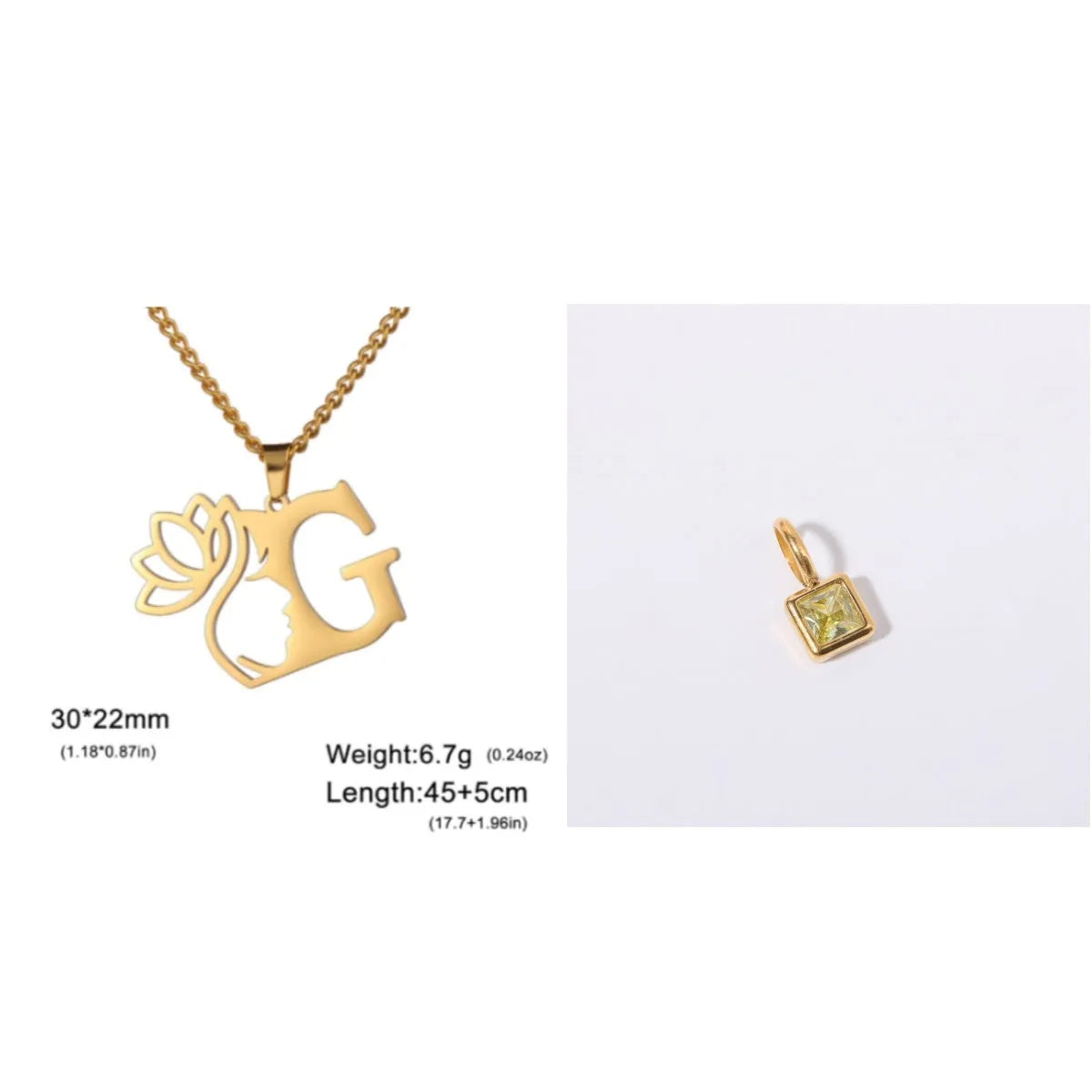 Stainless steel necklace with cross chain and a single initial pendant in a gold or silver finish.