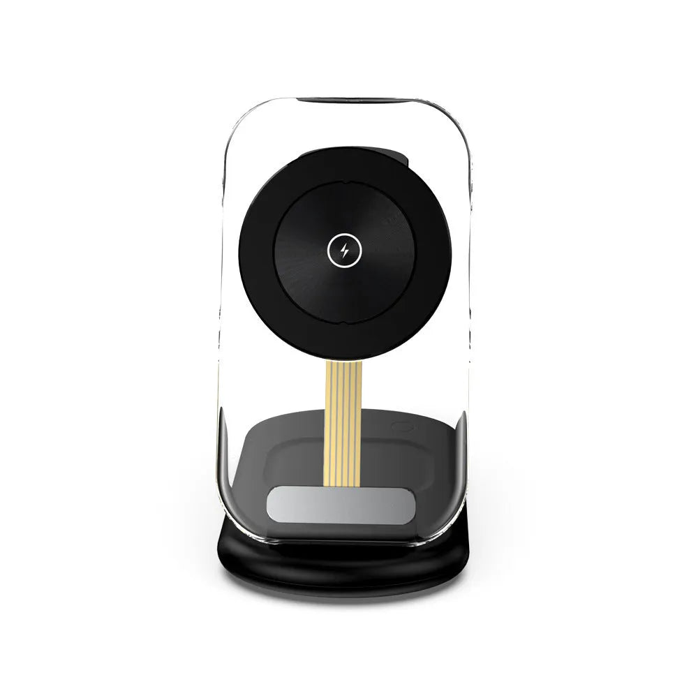 Transparent folding three-in-one magnetic wireless fast charger in black.