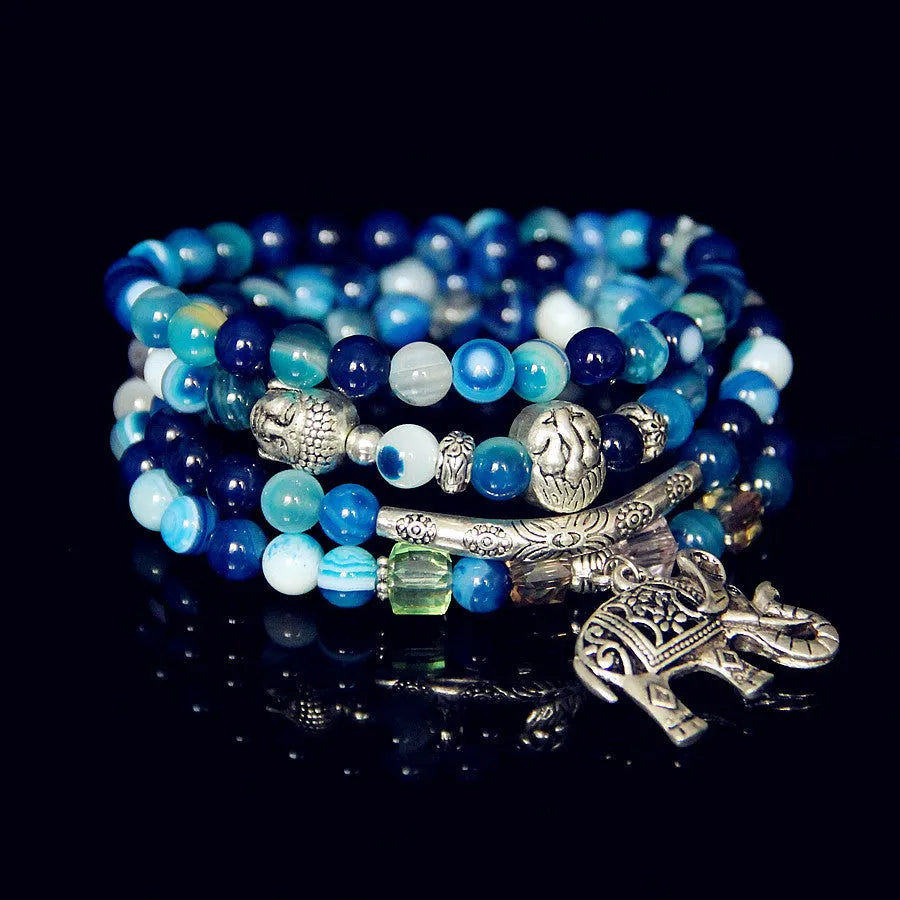 Multi-layer agate bracelet with Elephant pattern on 6mm beads in blue, green, red, or purple