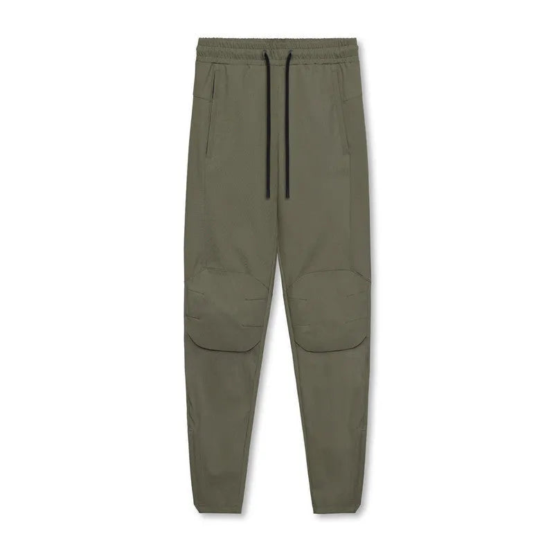 Men's loose grey running pants with ankle ties, quick-drying polyester fitness trousers for exercise