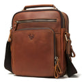 Men's brown genuine leather single-shoulder crossbody bag with visible stitching, shown on a model.