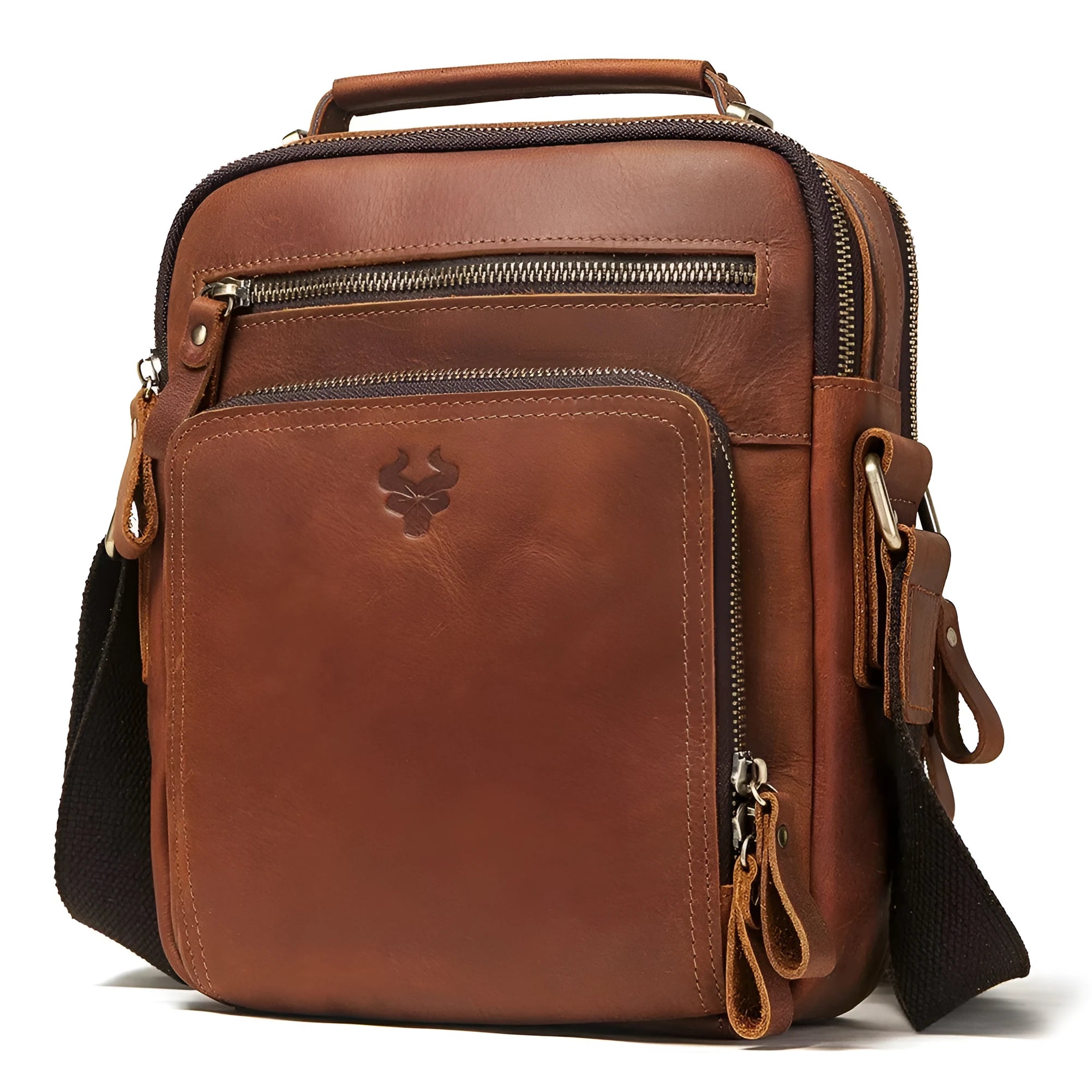 Men's brown genuine leather single-shoulder crossbody bag with visible stitching, shown on a model.