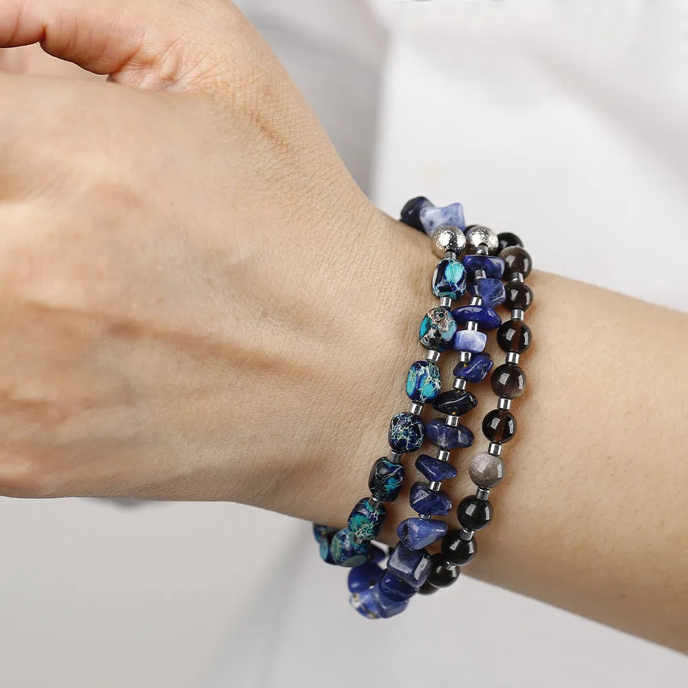 Blue hand-woven multi-layer bracelet with crushed Fang Hui stone and gold obsidian geometric design