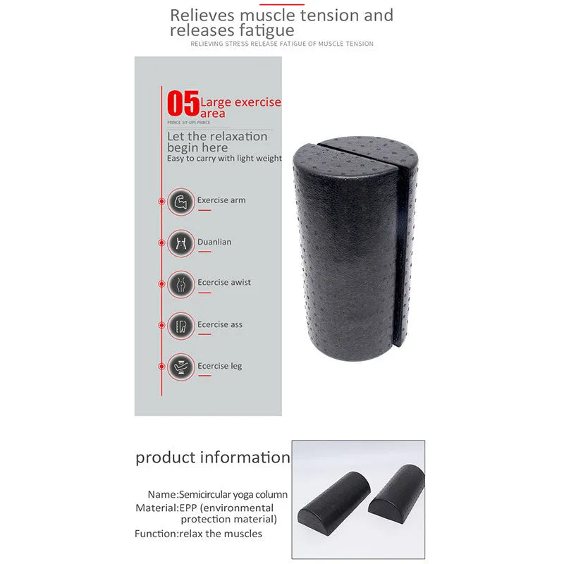 Black semi-circular EPP yoga foam roller 30cm for muscle stretching and fitness exercise