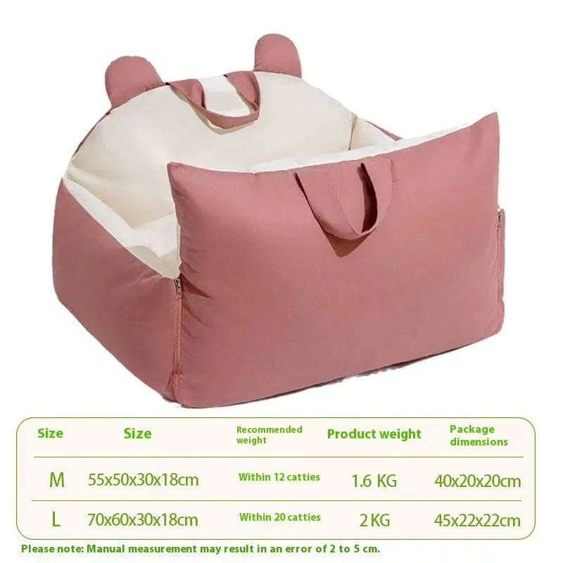 Removable washable dog car kennel in beige, shown in M and L sizes for vehicle travel.