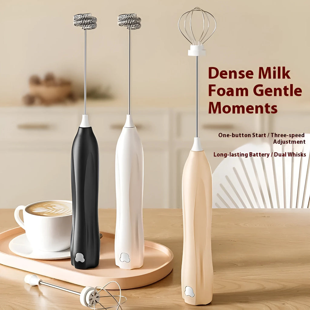 Mini milk frother with three-speed control, beige colour, Type-C charging, 304 stainless steel beater