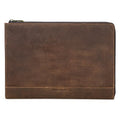 Crazy Horse oil leather laptop bag in coffee colour with zipper closure on white background