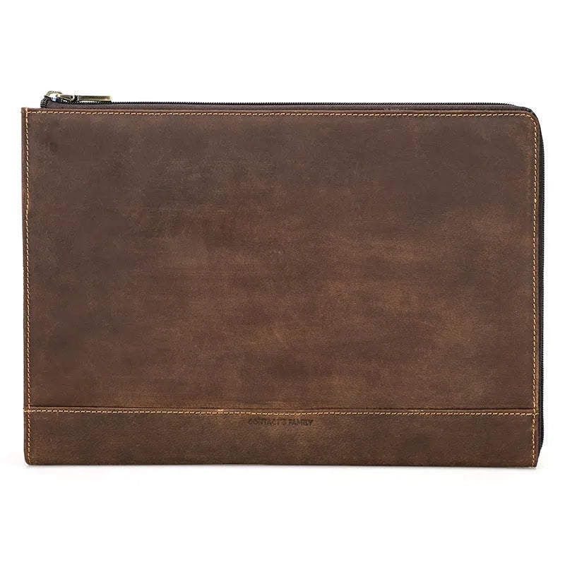 Crazy Horse oil leather laptop bag in coffee colour with zipper closure on white background