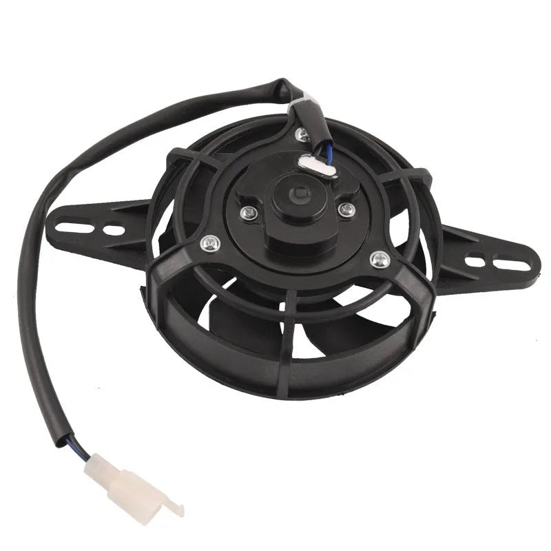 Black plastic motorcycle water tank cooling fan measuring 190x120x50mm on plain background