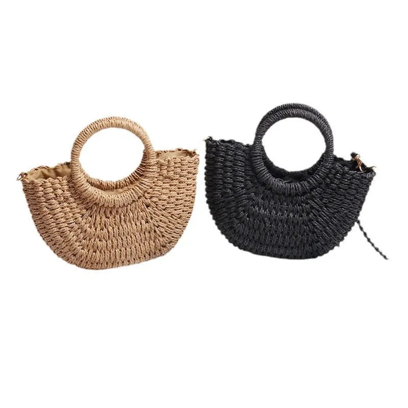 Seaside Vacation Beach Mini Straw Bag in dumpling shape with woven texture and open pocket, available in multiple colours