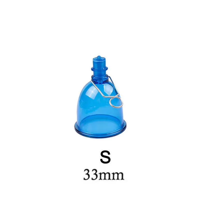 Blue silicone physical stretch exerciser cup for men, shown in small, medium, and large sizes.
