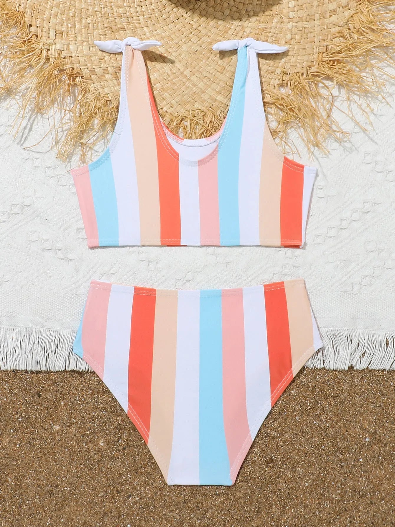 Girls' colourful plaid print swimsuit set with bra and briefs for swimming