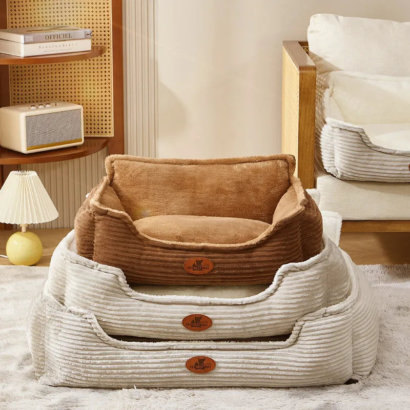 Removable cover pet bed in sofa style for small and medium dogs, shown in coffee colour