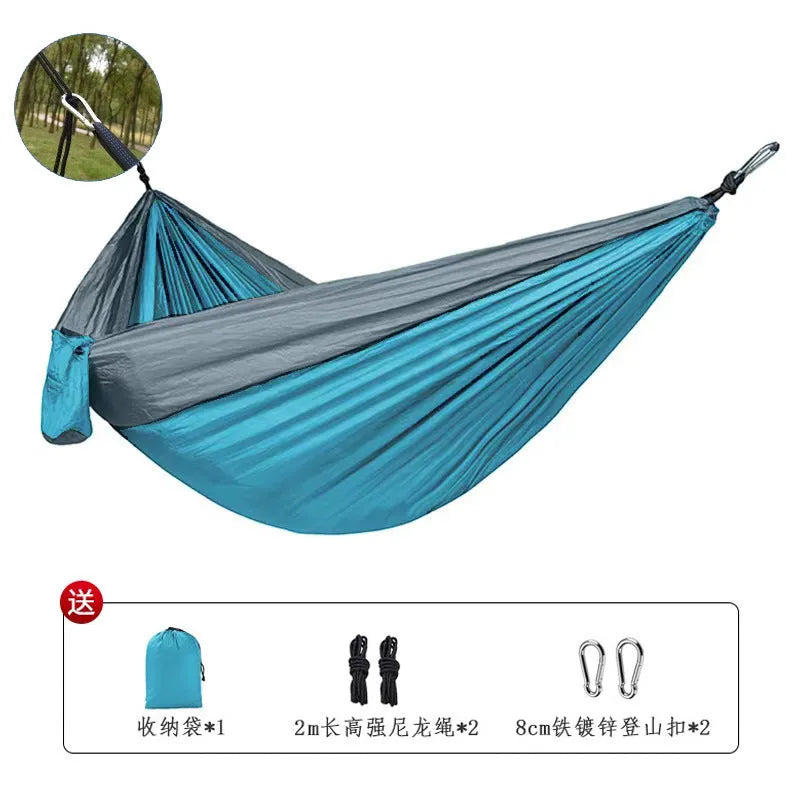 Outdoor camping hammock made of nylon spinning fabric in 270x140cm size, blue grey colour, with 300kg max load