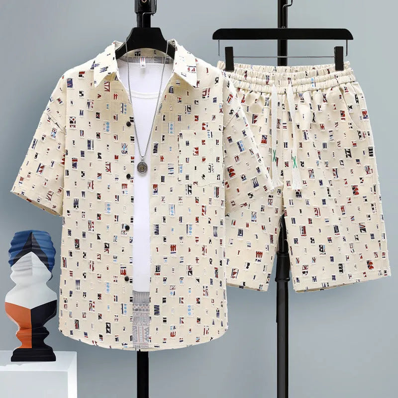Men's casual polyester short sleeve top and matching shorts two-piece set in assorted colours