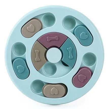 Blue dog puzzle toy slow feeder with sliding parts on floor