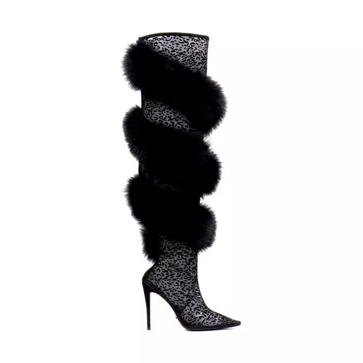 Women's pointed-toe over-the-knee stiletto boots in black leopard print with genuine leather upper and suede finish