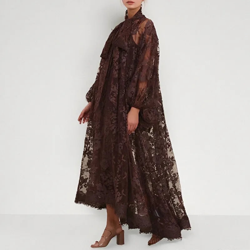 Hollow jacquard sling lace see-through loose ribbon A-line long dress in brown, apricot, and purple