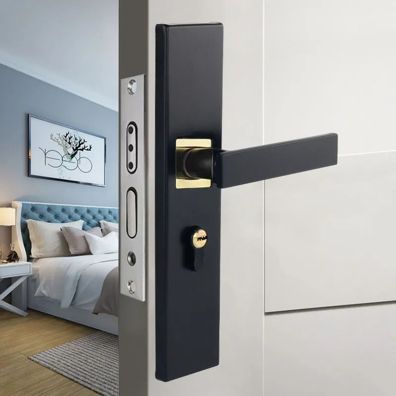 Aluminium alloy indoor split magnetic door lock handle for timber doors in black finish.