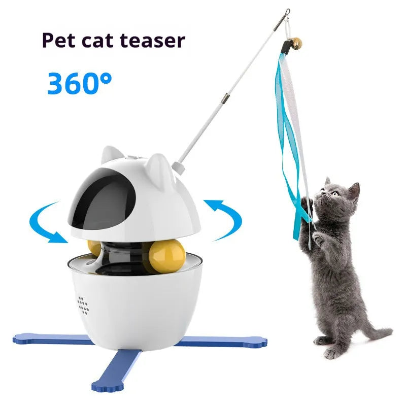 White automatic cat toy with rotating colourful stick and elastic rope for indoor pet entertainment