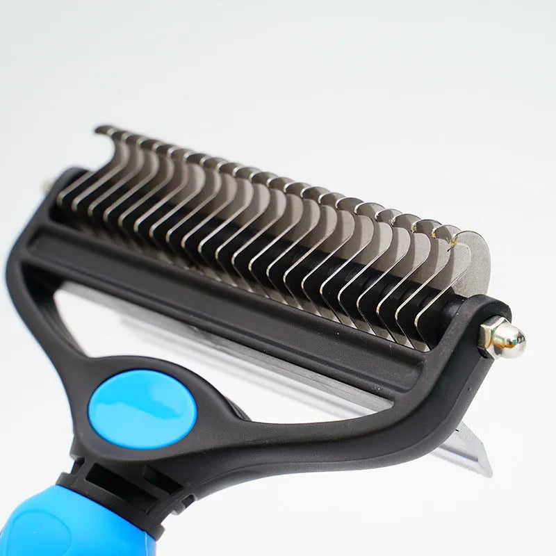 Two-in-one pet hair unknotting comb with stainless steel teeth and ABS TPR handle, available in black, blue, or pink
