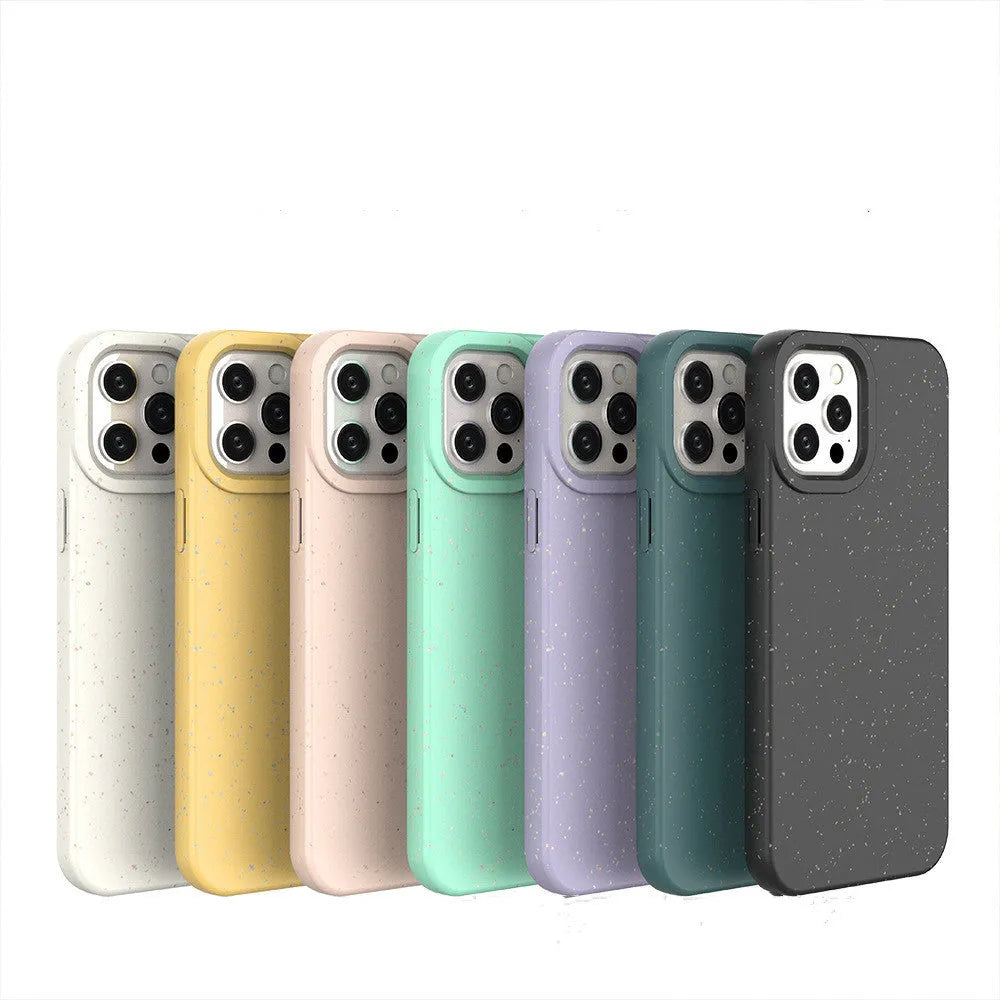 Degradable wheat straw phone case for Apple iPhone on a wooden surface.