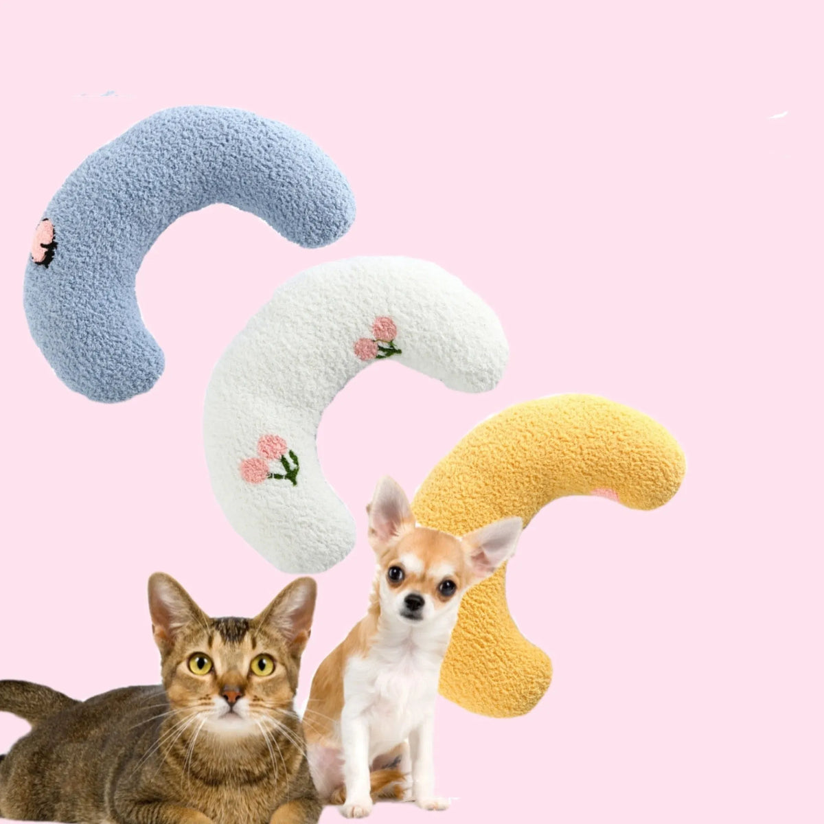 Little pillow for cats, U-shaped neck protector with soft faux fur in macaron colours, size 27x17x6 cm