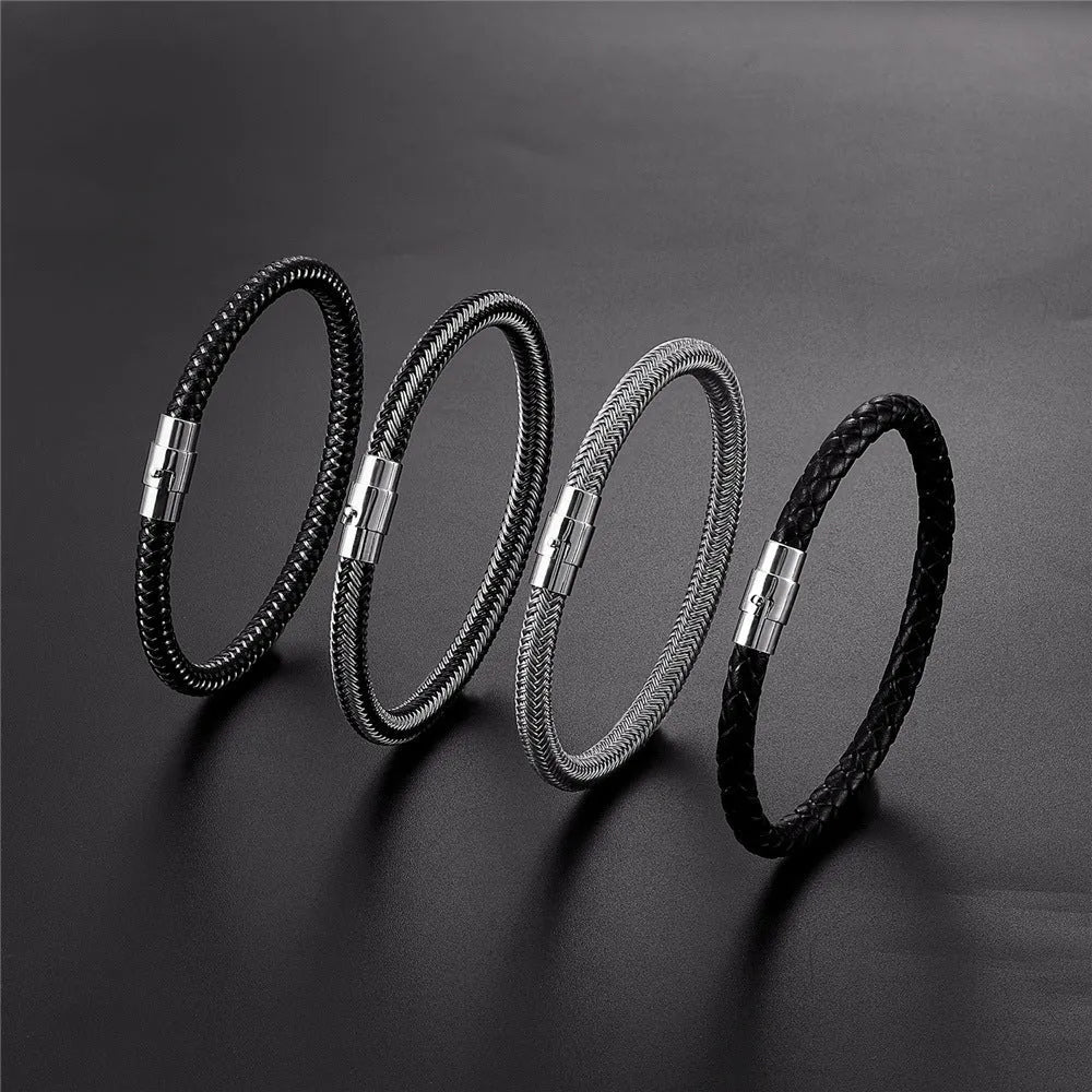 Men's titanium steel geometric wire bracelet with a magnetic clasp in a boyfriend style.