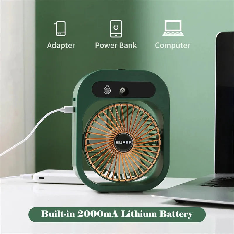 Green USB rechargeable misting fan with 3 speed settings and adjustable head on a desk