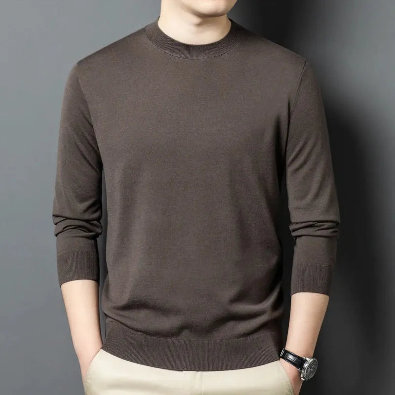 Men's round neck long sleeve sweater in wool and mulberry silk, shown in a choice of colours for winter.