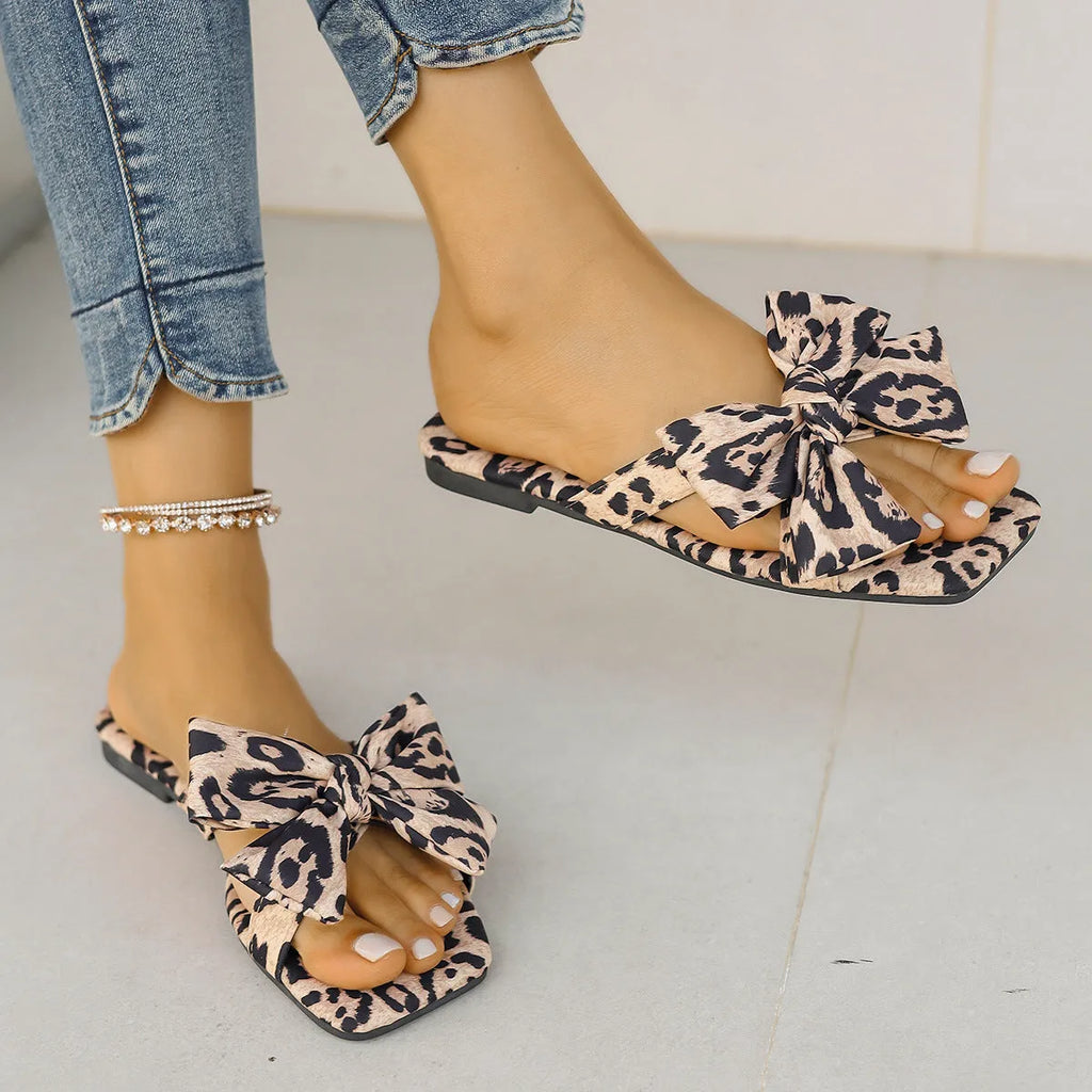 Women's bow leopard print square toe sandals with cloth upper and rubber sole in size 36 to 43
