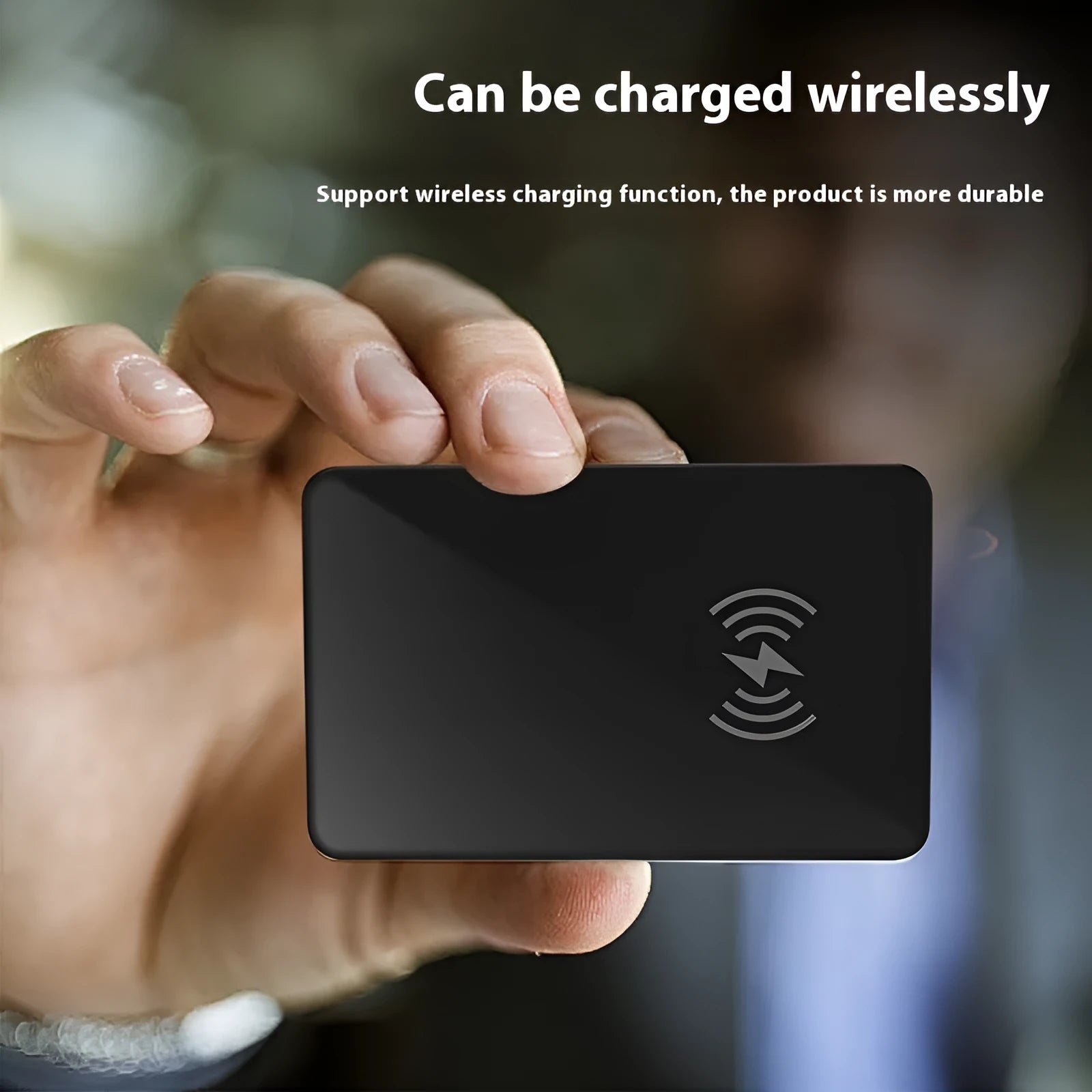 Black NFC pet tracking card with wireless charging, measuring 85mm by 54mm with hanging hole