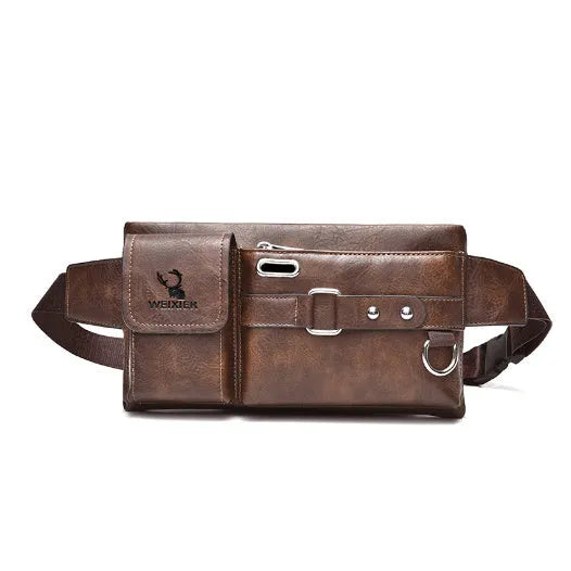 Men's PU leather waist bag small horizontal square waterproof with zipper and belt decoration