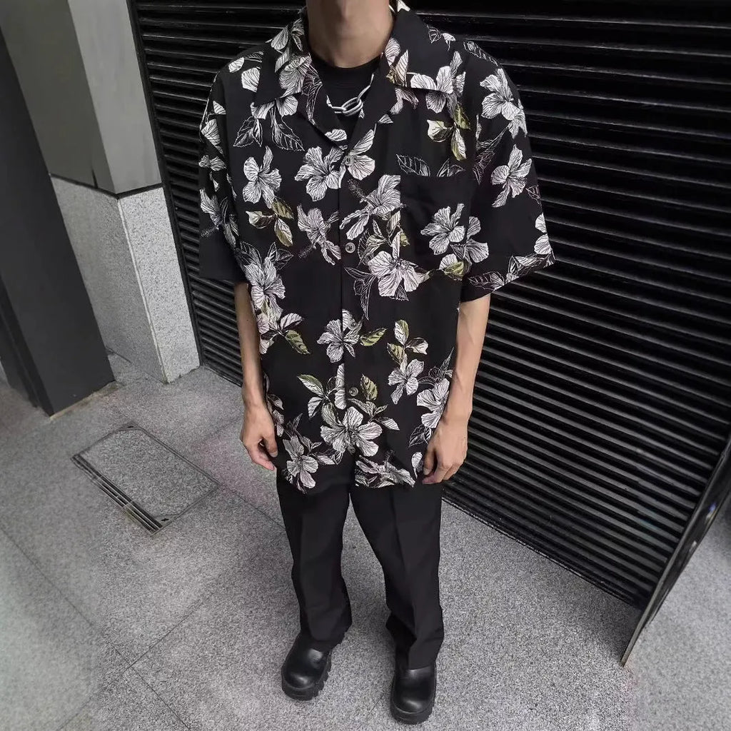 Black floral print men's shirt with a Cuban collar and short sleeves, made from ice silk fabric.