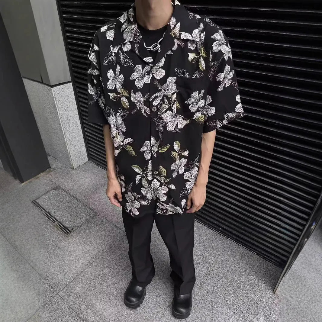 Black floral print men's shirt with a Cuban collar and short sleeves, made from ice silk fabric.