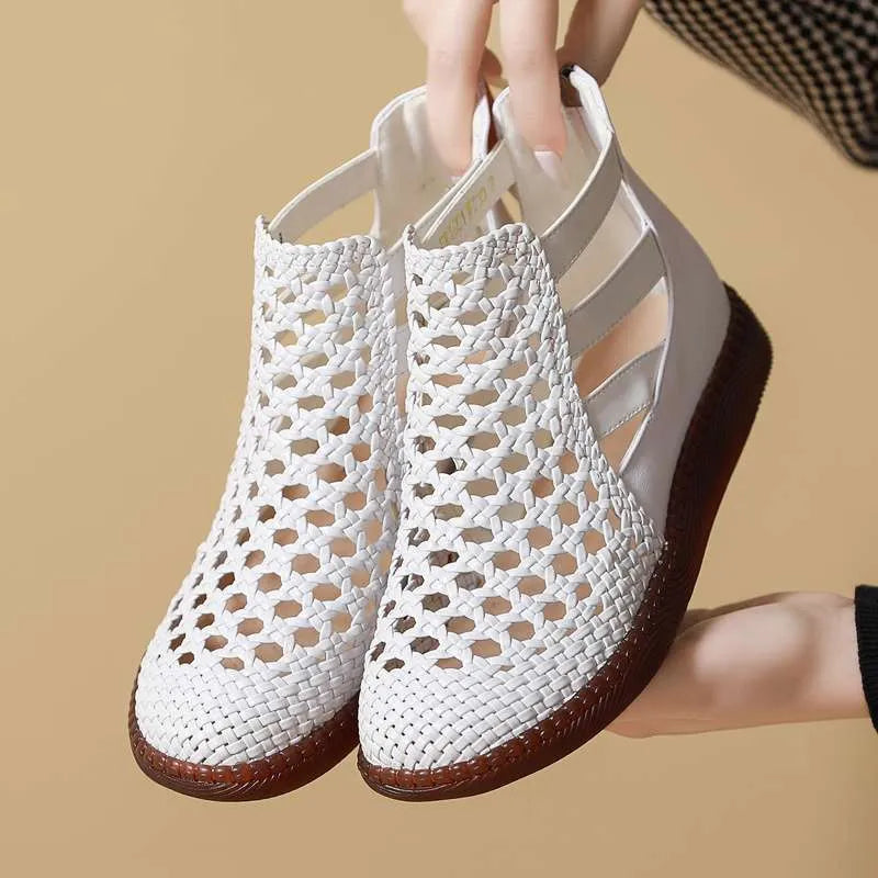 Women's gold and white flat slip-on sandals with round toe and soft TPR soles